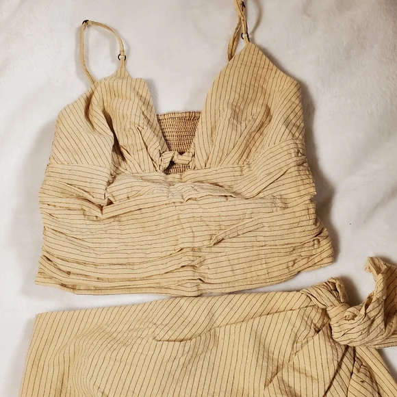 Zara Boho Beach Draped Pinstripe Asymmetric Skirt Set Bow Golden Sand Size S - Picture 4 of 6